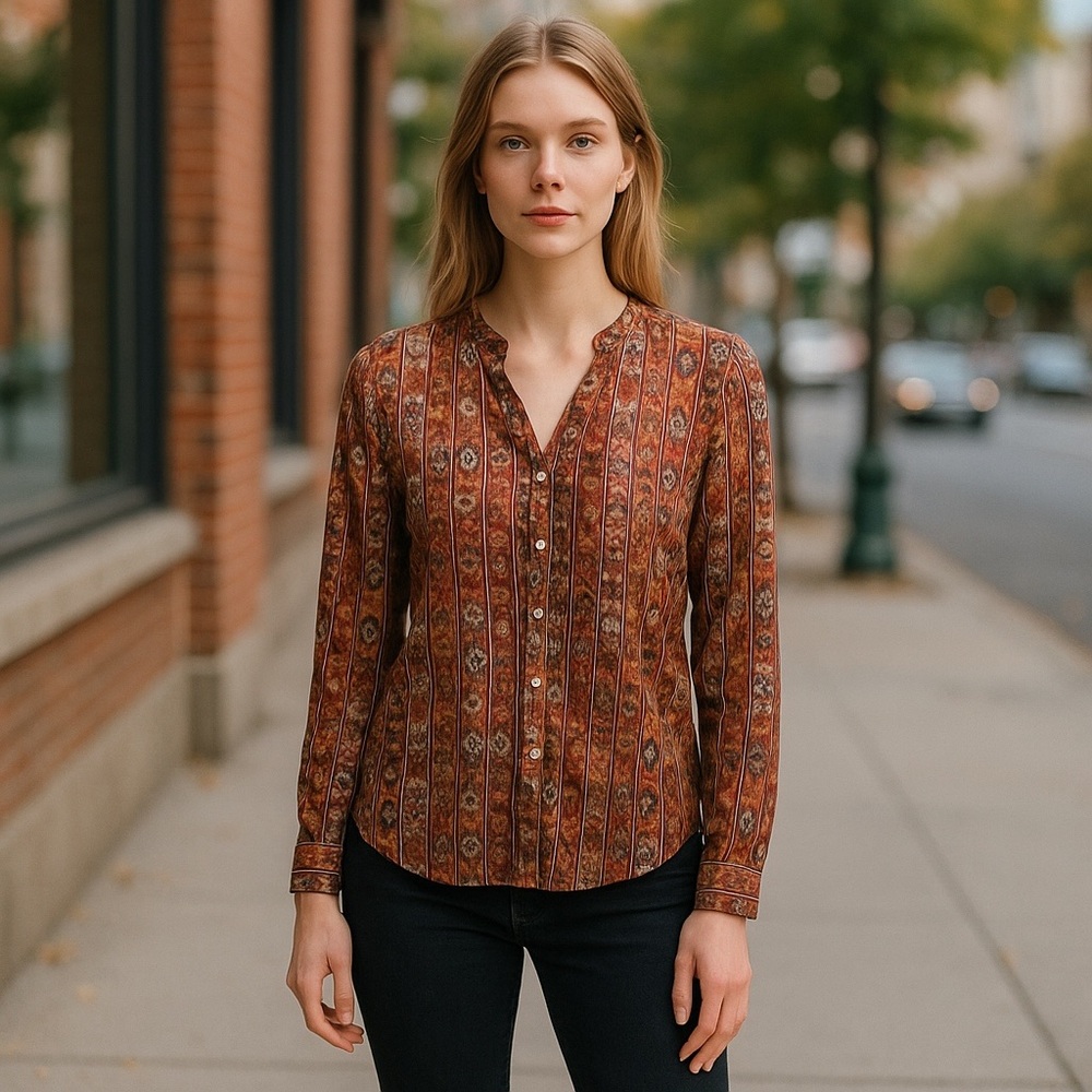 MNG Mango Printed Retro Boho Top Size 2 Business Casual